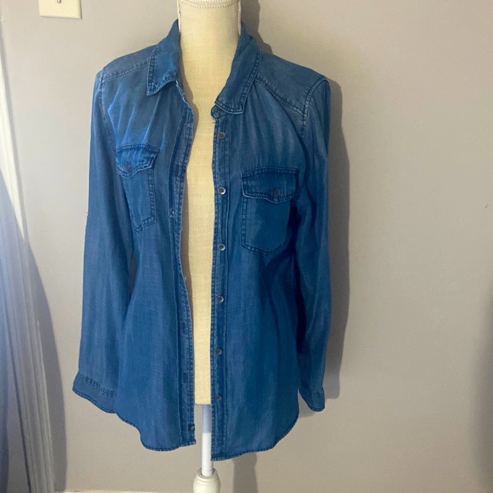 Barely worn women’s denim top, button down, long sleeve, denim, jean, dark blue